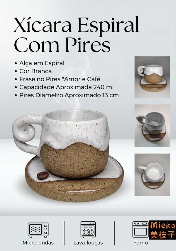 R$ 110 (PIX) R$ 120 (CARTÃO) - Conjunto Xícara Espiral Com Pires - Branco